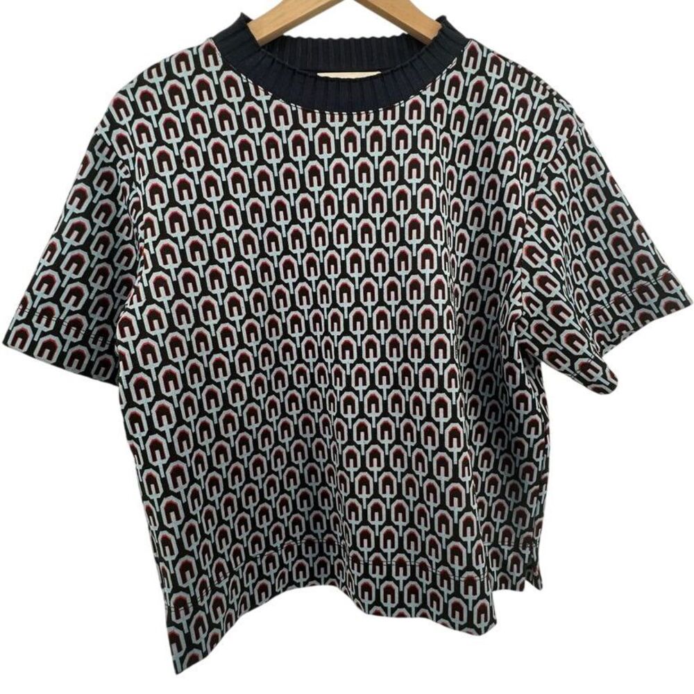 MNG by Mango Women L Printed‎ Cotton Blend Thick Short Sleeve Shirt Black Blue